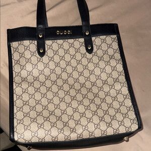 Beige GG Canvas Tote with Black Trim and Gold Hardware